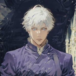 masterpiece, best quality, full detailed,1boy, gojo satoru, full body, eyes, nose, stand, castle background, basic prince royal clothes, best quality, white hair, white skin, blue eyes,boy