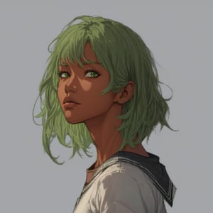 solo-female, looking at viewer, innocent face, short hair, simple background, shirt, school uniform, green eyes, white shirt, upper body, parted lips, green hair, serafuku, dark skin, sailor collar, grey background, from side, dark-skinned female, lips