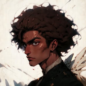 masterpiece, best quality, detail, sole_boy, brown_skin, handsome, harmony, mewing, definided jaw, sharp well-contoured jawline, symmetrical, cheekbones, dark skinned, black eyes, face, eyes almond-shaped, afro nose straight proportionate, Cupid's bow on the upper lip, lips are full and well-defined, mouth, groomed eyebrows, black hair