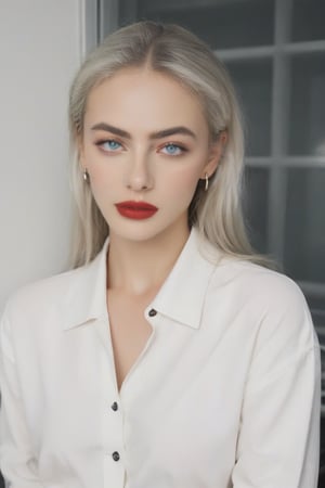 FilmGirl, 1woman, young 25 years old, sexy, mature face, white_eyebrows, white_skin, white_hair, red_lips, aqua_eyes, beatiful eyes, pretty eyes, perfect_eyes, sexy eyebrows, simple clothes, white_shirt, black_pants, YaelShelbia, background is a school 80s