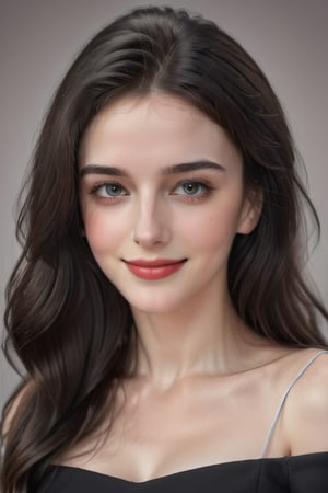 (masterpiece) (Full hd) (Photo), (realistic) 1women, female, Young 20 years old, torso, caucasian, French, white_skin, brown_eyes, black hair, long hair, black_dress, lika solt, pretty, beauty, simple_background, smiling