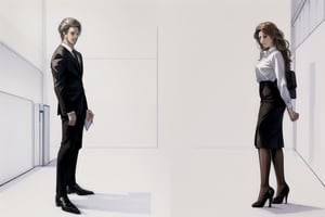 two different sketches of a guy with a woman wearing a dress, business suit, 1girl, suit, 1boy, white hair, long hair, formal, skirt, brown hair, pantyhose, black footwear, shirt, black skirt, white shirt, high heels, white background, 