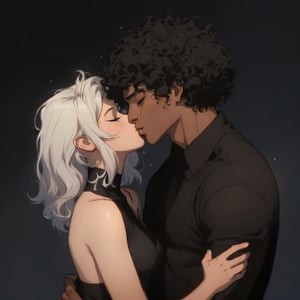 A tender moment captured on a warm summer evening. A beautiful girl with short hair gazes up at an Afro boy with luscious black locks, their faces inches apart as they share a passionate French kiss. The hetero couple's closed eyes convey their surrender to the intimacy. The dark-skinned male's smooth dark skin glistens in the soft light. He wears a simple shirt that complements her features. His strong hands cradle her head, showcasing his affection.