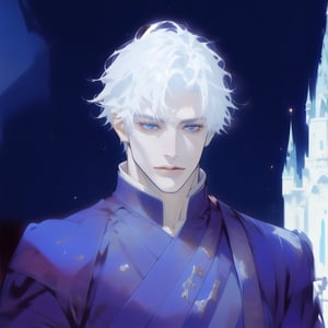 masterpiece, best quality, full detailed,1man, gojo satoru, full body, eyes, nose, stand, sky blue black backgorund, castle, basic king royal clothes, best quality, white hair, white skin, blue eyes, handsome