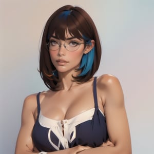 1girl, solo, glasses, looking at viewer, short hair, bangs, simple background, brown hair, cleavage, blue hair, upper body, multicolored hair, medium hair, two-tone hair, lips, crossed arms, realistic