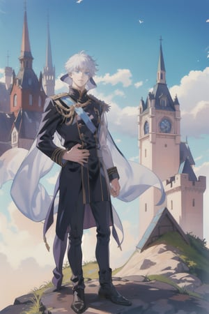 Highly detailed, High Quality, Masterpiece, Beutiful, (Medium long shot) ,anime,1guy, handsome, full body, perfect eyes, perfect nose, standing, castle background, basic prince royal clothes, best quality, white hair, white skin, blue eyes,fantasy,gojo satoru