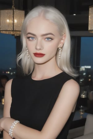 FilmGirl, 1woman, young 25 years old, sexy, mature face, white_eyebrows, white_skin, white_hair, red_lips, aqua_eyes, beatiful eyes, pretty eyes, perfect_eyes, sexy eyebrows, {black_dress}, shorts_sleeves, pearl-earrings, pearl-colar, background is gala event, YaelShelbia