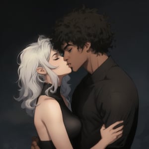 1girl, 1afroboy, french kiss, hetero, closed eyes, short hair, dark-skinned male, dark skin, shirt, black afro hair, better hands