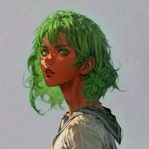 solo-female, looking at viewer, innocent face, short hair, simple background, shirt, school uniform, green eyes, white shirt, upper body, parted lips, green hair, serafuku, dark skin, sailor collar, grey background, from side, dark-skinned female, lips