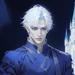 masterpiece, best quality, full detailed,1man, gojo satoru, full body, eyes, nose, stand, sky blue black backgorund, castle, basic king royal clothes, best quality, white hair, white skin, blue eyes, handsome