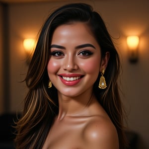 Create a high-resolution portrait image of a 24-25 year old Indian woman.She has a beautiful face characterized by a prominent forehead and a sharp nose.Her hair is long, featuring a blend of black and brown shades.The image should capture her confident demeanor, with an emphasis on her expressive eyes and smile.Additionally, the portrait should subtly highlight her figure, focusing on her deep neckline without being overly revealing.The background should be soft and blurred to enhance the subject while maintaining a warm and inviting atmosphere.Ensure the lighting is natural and flattering, emphasizing her features while keeping the overall tone sophisticated and elegant.