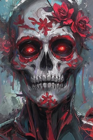 Masterpiece, artwork, halloween theme, a graffiti drawing of a sugar skull head painted with rose flower patterns and glowing red eyes that express danger. Skull also has the vibe of the Mexican holiday named day of the dead. Whole imagine has a serene and calming atmosphere by ZloyOrk style, high quality, 8K resolution.