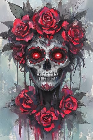 Masterpiece, artwork, halloween theme, a graffiti drawing of a sugar skull head painted with rose flower patterns and glowing red eyes that express danger. Skull also has the vibe of the Mexican holiday named day of the dead. Whole imagine has a serene and calming atmosphere by ZloyOrk style, high quality, 8K resolution.