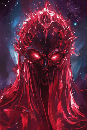 Masterpiece, artwork, halloween theme, a graffiti drawing of a red translucent ghostly figure with glowing red eyes that express danger. It has no face and other visible features except eyes. The background consists of cosmos full of stars. Whole imagine has a serene and calming atmosphere by ZloyOrk style, high quality, 8K resolution.