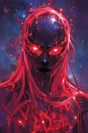 Masterpiece, artwork, halloween theme, a graffiti drawing of a red see-through translucent ghostly figure with glowing red eyes that express danger. It has no face and other visible features except eyes. The background consists of cosmos full of stars. Whole imagine has a serene and calming atmosphere by ZloyOrk style, high quality, 8K resolution.