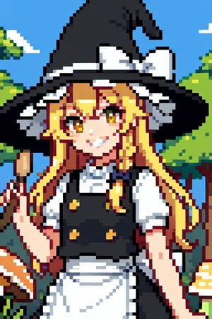 {kirisame marisa}, black hait, witch hat, hat bow, blonde hair, yellow eyes, white apron, white shirt, black vest, frills, 1girl, grin, outdoors, forest, mushrooms, blue sky, pixel art,