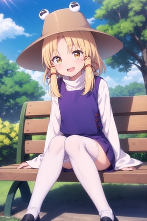 (cute), (bright), moriya suwako, orange hat, blonde hair, short hair, red sidelocks, looking at viewer, yellow eyes, open mouth, smile, purple vest, long white sleeves, wide sleeves, purple skirt, white thighhighs, black shoes, outdoors, sitting, sitting on bench, wodden bench, park, trees, blue sky, sunlight, gorgeous,