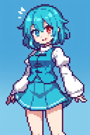 tatara kogasa, medium breasts, blue vest, sleeves, light blue skirt, heterochromia, blue eyes, red eye, short hair, blue hair, bare legs, standing, blue sky, :p, tongue out, smile,