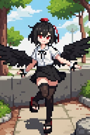 shameimaru_aya, no_hat, black_hair, short_hair, red_eyes, smile, white_shirt, black_ribbon on chest, black_skirt, thigh_highs, outdoors, smile, black_wings, feathered_wings, geta, red geta, 