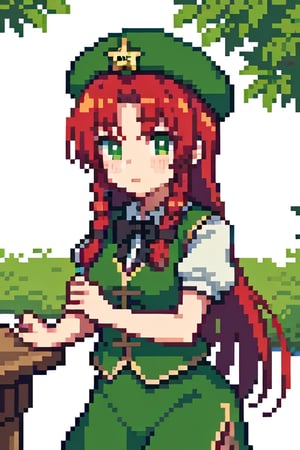 hong meiling, cowboy shot, green hat with yellow star, red hair, long hair, twin braids, black bow, black ribbon, frills, green eyes, green vest, green dress, chinese clothes, short white sleeves, white sleeves, 1girl, blush, outdoors,