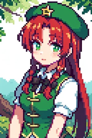 hong meiling, green hat with yellow star, red hair, long hair, twin braids, black bow, black ribbon, frills, green eyes, green vest, green dress, chinese clothes, short white sleeves, white sleeves, 1girl, blush, outdoors,