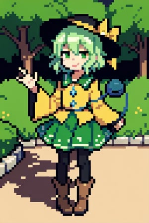 {komeiji koishi}, smile, black hat, yellow ribbon, green eyes,green hair, short hair, yellow shirt with blue diamonds, green skirt, floral print, 1girl, {black pantyhose}, outdoor, boots, pixel art,