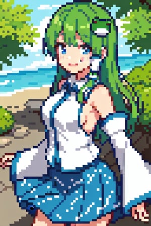 kochiya sanae, smile, print skirt, green hair, frog hair ornament, blue eyes, white shirt,white vest, collared vest, medium breasts, detached sleeves, long skirt, blue skirt, blush, outdoors, sideboob, dotted skirt