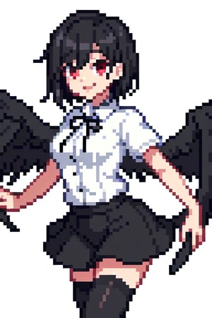 shameimaru aya, black hair, short hair, no hat, red eyes, smile, white shirt, black ribbon on chest, medium breasts, short sleeves, black wings, feathered wings, black skirt, white thighhighs, videogame sprite, pixel art,