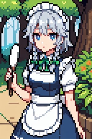 {izayoi sakuya},{apron}, grey hair, {white apron}, blue eyes, blue dress,frilled dress, white frills, braid, frills, hair bow, hair ribbon, {maid apron}, maid headdress, twin braids,white apron,1girl, outdoors, expressionless, pixel art,