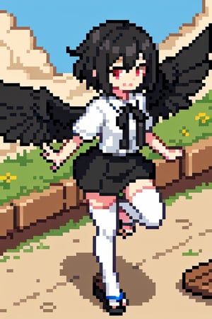 shameimaru_aya, no_hat, black_hair, short_hair, red_eyes, smile, white_shirt, black_ribbon on chest, black_skirt, thigh_highs, outdoors, smile, black_wings, feathered_wings, geta, red geta, Pixel art