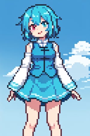 tatara kogasa, medium breasts, blue vest, sleeves, light blue skirt, heterochromia, blue eyes, red eye, short hair, blue hair, bare legs, standing, blue sky, :p, tongue out, smile,