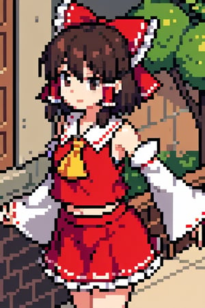 hakurei reimu, cowboy shot, head bow, red bow, brown hair, short hair, black eyes, red dress, sleeveless, detached sleeves, red skirt, (frilled skirt:1.1), outdoors, porch, 1girl, Pixel art