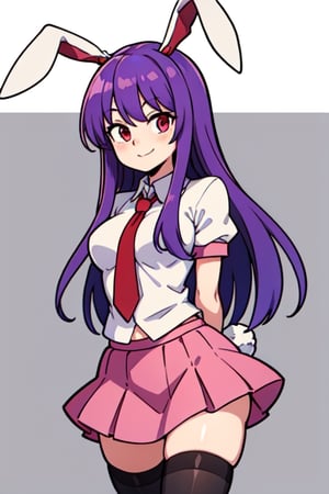 touhou, reisen udongein inaba, bunny_ears, purple_hair, long_hair, red_eyes, smile, white_shirt, red_tie, pink_skirt, arms_behind_back, thigh_highs, smile, short_sleeves,