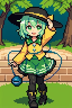 {komeiji koishi}, open mouth, smile, black hat, yellow ribbon, green eyes,green hair, short hair, yellow shirt with blue diamonds, green skirt, floral print, 1girl, {black pantyhose}, outdoor, boots, raised leg, pixel art,