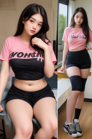 1 beautiful woman aged 15 years, thick eyebrows, pink t-shirt, plain sports pants, black tight shorts, in class. 