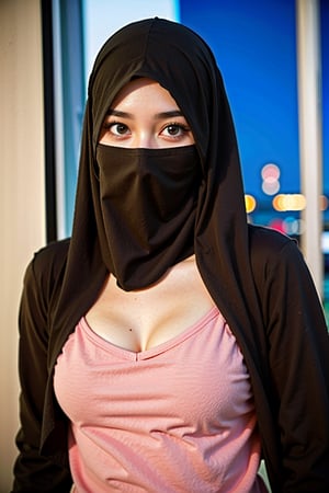 (8k, best quality, masterpiece:1.2), (realistic, photo-realistic:1.3), ultra-detailed, best quality, depth of field, sharp focus,(night, street background:1.2),1girl,solo, a beautiful young woman with brown hijab, (((covering mouth, veil:1.1))), ((long sleeve Muslim shirt:1.1)), upper body, happy, pose, (((small breasts))), detailed brown eyes, perfect eyes, symmetrical eyes,perfect eyes,viola,veil,more detail sexy