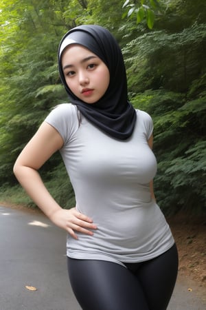 1 beautiful girl, 15 years old, wearing a black hijab, natural thick eyebrows, tight gray leggings, highway theme in the forest