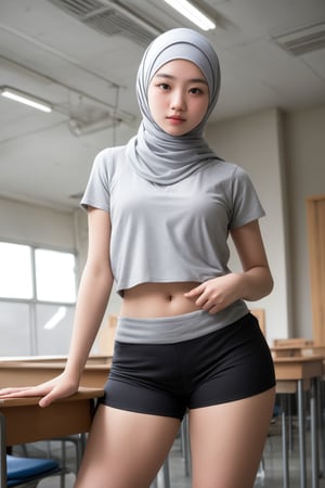 the best masterpiece, 1 beautiful teenage girl aged 15 years, thick eyebrows, tight hijab, plain gray sports pants, black tight shorts, in class