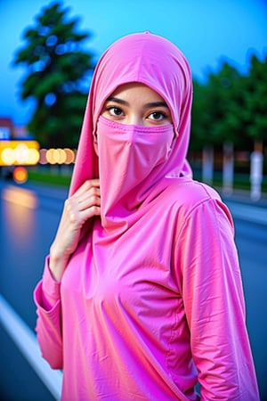 (8k, best quality, masterpiece:1.2), (realistic, photo-realistic:1.3), ultra-detailed, best quality, depth of field, sharp focus,(night, street background:1.2),1girl,solo, a beautiful young woman with brown hijab, (((covering mouth, veil:1.1))), ((long sleeve Muslim shirt:1.1)), upper body, happy, pose, (((small breasts))), detailed brown eyes, perfect eyes, symmetrical eyes,perfect eyes,viola,veil,more detail sexy