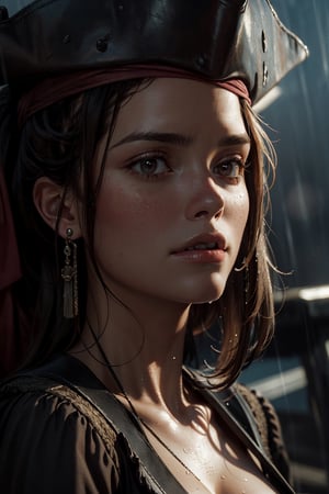 (ultra realistic, 8k, masterpiece:1.2), beautiful female pirate, brown hair, long ponytail, pirate hat, pirate clothing, (((face portrait closeup))), on the pirate ship in a heavy intense night thunder storm, (heavy rain), wet hair, wet clothes, nsfw,Pirates of the Caribbean,