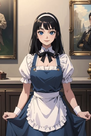 (masterpiece:1.4), (best qualit:1.4), (high resolution:1.4), alice liddell, blue dress, white apron, black hairband, smile, looking at viewer, alice liddell,alicew