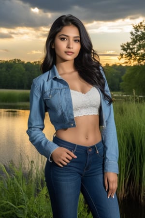 Best work, (Best quality, ,HDR, 8k, 32k, raw photo, photorealistic, UHD:1.2),forest, eyes, black hair, detailed face, perfect face, pond, dark sky, lights in the background, detailed sky, realistic clouds, sun, bright environment, late afternoon, sun rays in the clouds, In the heart of a bustling Indian marketplace, a 23-year-old  fashion. Jeans top.full size body 