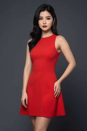 Best work, (Best quality, ,HDR, 8k, 32k, raw photo, photorealistic, UHD:1.2),red dress, simple eyes, black hair, detailed face , photoshoot, randomly click photo 24 years old Ultra realistic , full body shape ,chromatic_background , full angle body 