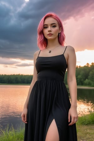 Best work, (Best quality, ,HDR, 8k, 32k, raw photo, photorealistic, UHD:1.2), beautiful 20 year old girl in long black dress at the lakeside in a forest, eyes, pink hair, detailed face, perfect face, pond, dark sky, lights in the background, realism, red sky, detailed sky, realistic clouds, sun, bright environment, late afternoon, sun rays in the clouds