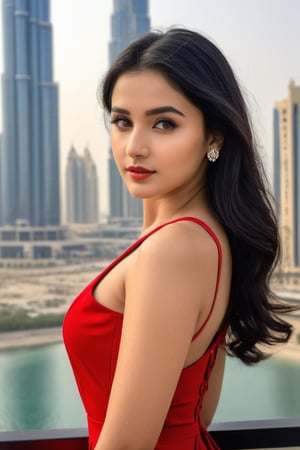 Best work, (Best quality, ,HDR, 8k, 32k, raw photo, photorealistic, UHD:1.2),red dress, simple eyes, black hair, detailed face , photoshoot, randomly click photo 24 years old Ultra realistic , dubai photography 