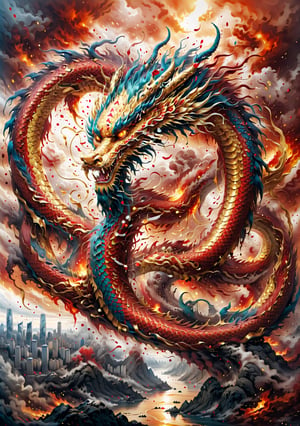 Chinese dragon high quality, 8K, golden dragon, body glow: 0.1, red eyes, fangs, mouth, teeth, five claws, golden dragon body, swinging left and right, spiraling into a big circle, tail above the city, five claws body 0.2 , golden scales, flying over the city, five claws in the sky, body 0.9, whole body, slender dragon body, background: fiery red sky, clouds, city, firecrackers, New Year atmosphere,