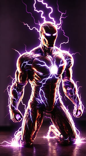 Angry Iron Man, wearing doomsday mecha warrior, armor, lightning flowing all over his body, high energy, half-kneeling position, holding purple flames, reflection map, realistic character, ultra-detailed, cinematic lighting photography, 16k UHD with metal work, red Light suit, energy, lightning, current, gears, clock, machinery, whole body, floor, magic aura,