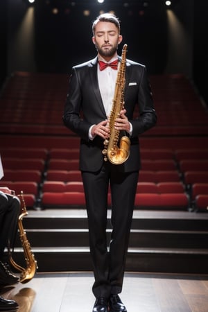 A boy (old man, gray hair, beard,) solo, (wearing a long-sleeved white shirt, black jacket, black pants, formal suit, with a red bow tie (bow) around his neck, eyes closed,
Keep standing, the warm lights in the center of the audience, holding a glittering saxophone in your hand, playing, wearing leather shoes,
standing, (music, musical instrument, formal, concert hall, detailed hands, face, male focus, holding instrument, playing instrument),
