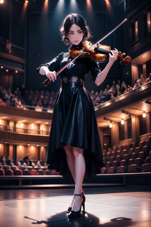a butiful girl, deep eyes1girl,best quality,masterpiece,fantasy,reality,sci-fi,mole,surreal 8k
Keep standing, the warm lights in the center of the audience, playing the violin, wearing leather shoes,
standing, (music, formal, concert hall, delicate hands, delicate face, male focus),
Detailed musical instruments