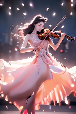 A cute girl, big breasts, deep eyes, the best quality, masterpiece, fantasy, reality, science fiction, surreal 8k, exquisite face (super realistic), long flowing hair, wearing a hot red low-cut sexy dress, revealing Beautiful long legs, in everyone’s focus, with a wonderful posture
  Standing, with the warm lights in the center of the stage, focusing on playing the violin, wearing high boots, staring at the audience, holding the bow in his right hand, he played a perfect musical feast.
  standing, (music, formal, concert hall, delicate hands, delicate face, female focus),
  Detailed instruments, musical notation scattered around, and a packed audience (lots of people, applauding).